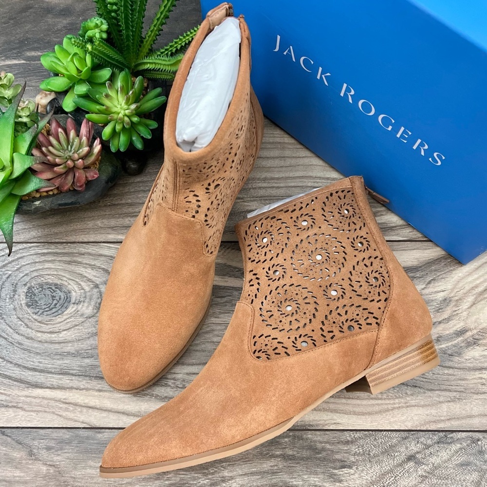 NIB Jack Rogers Ronnie Bootie Laser Cut Luggage Tan Suede